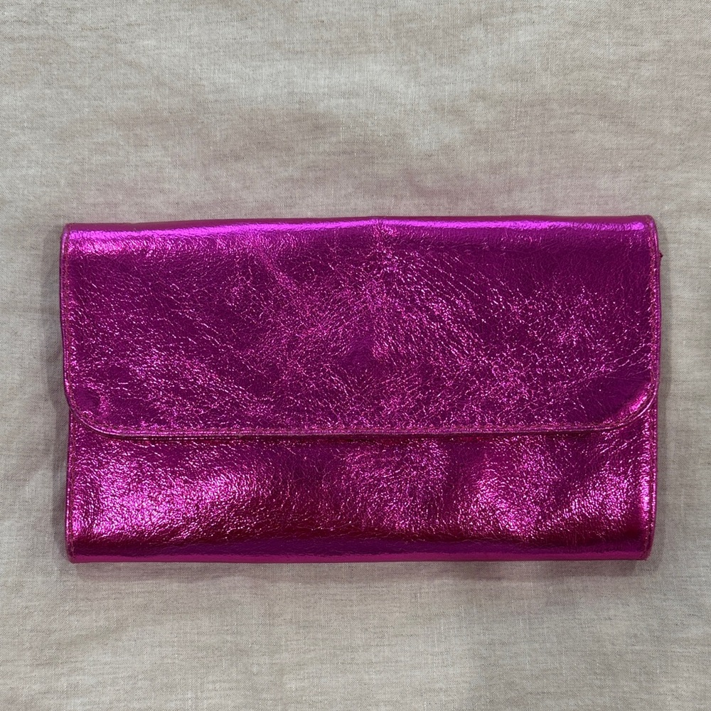 Metallic Pink Italian Leather Clutch with Chain